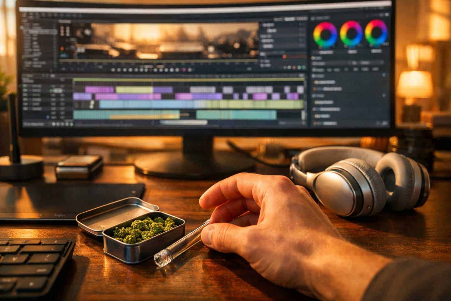 creative-desk-setup-video-editing-sativa-pipe-golden-hour