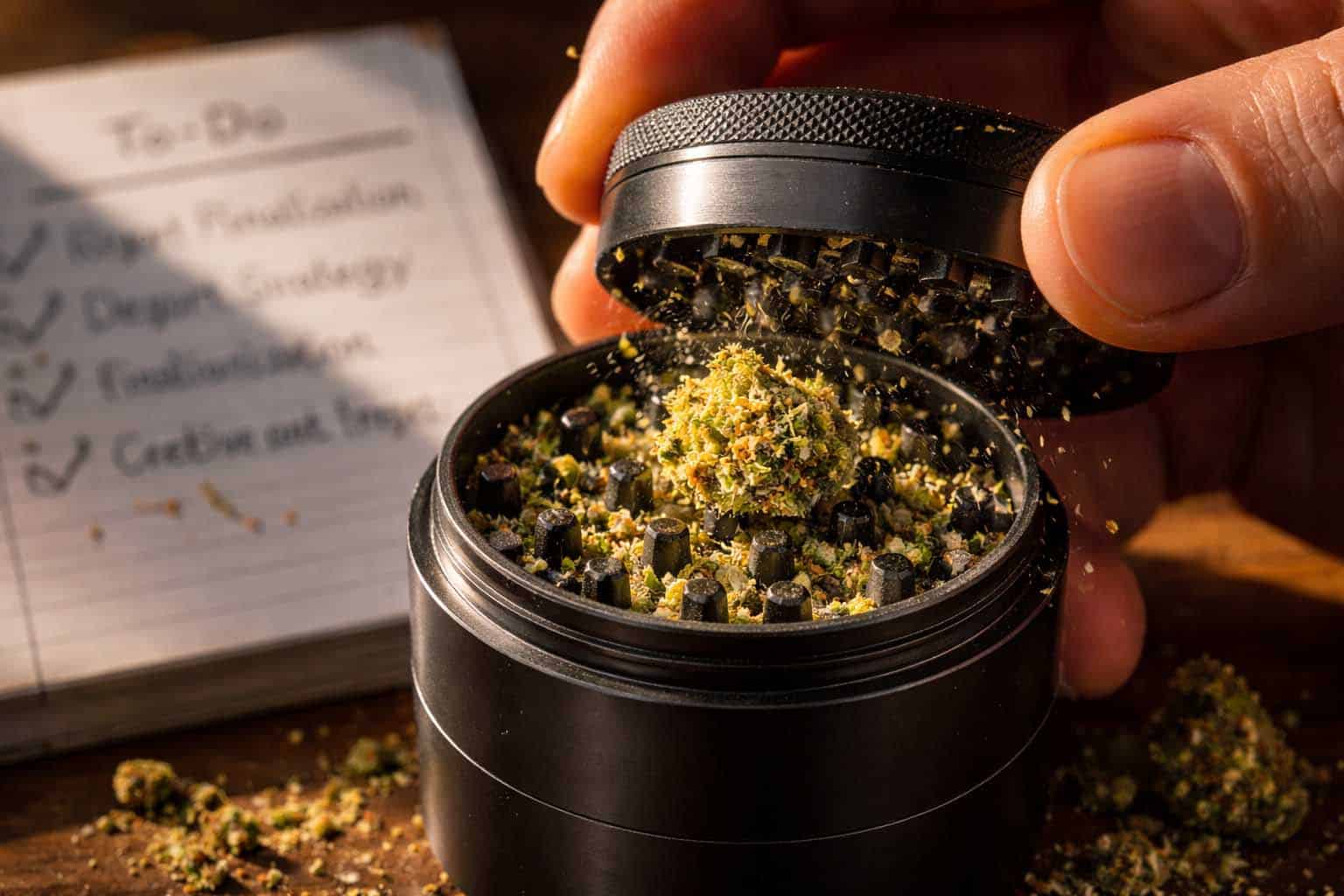 grinding-cannabis-close-up-aluminum-grinder-trichomes-sunlight